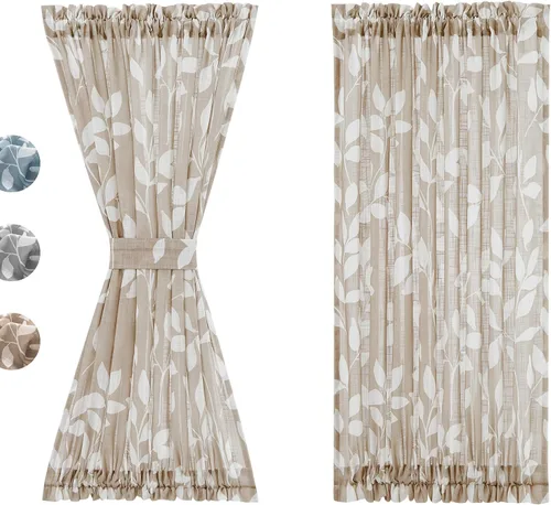 Miniatura 12 de Treatmentex Paneles de puerta francesa con luz lateral azul y blanca de 40 pulgadas de largo, estampado de hojas largas, cortinas de ventana