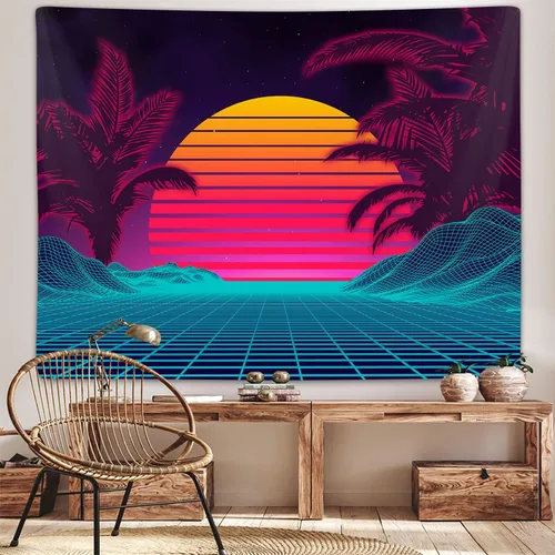Miniatura 2 de Tapiz retro de onda de vapor de neón para el dormitorio de los hombres, tapices de arte de montaña trippy fresco para colgar en la pared