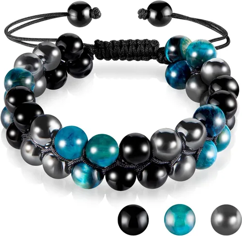 MIDON - Pulsera de ojo de tigre, pulsera de triple protección para hombres y mujeres, hecha a mano, cuentas de ojo de tigre, hematita y obsidiana