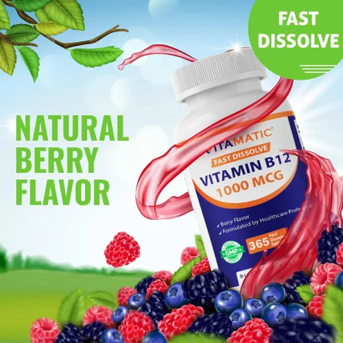 Miniatura 6 de Vitamatic Vitamina B12 1000 mcg Comprimidos de disolución rápida – Sabor natural a bayas – 365 tabletas por botella - 2 botellas – Apoya