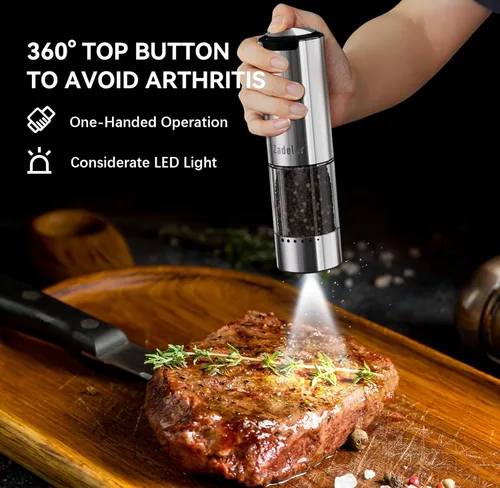 Miniatura 2 de Juego de molinillo de sal y pimienta eléctrico recargable, molinillo de pimienta automático con base de carga USB C, capacidad ampliada de 95ml
