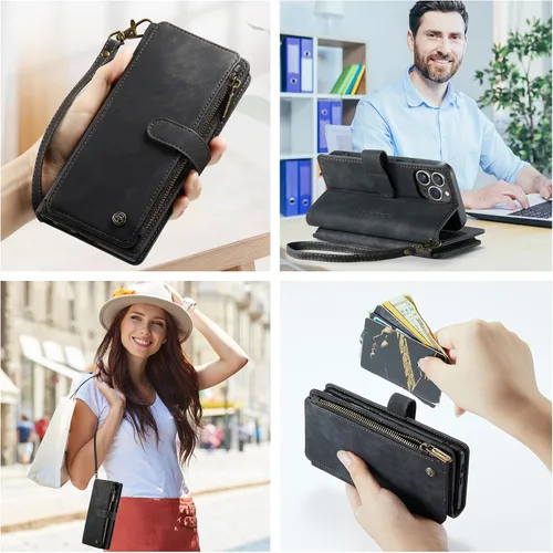Miniatura 6 de CaseMe - Funda tipo cartera para iPhone 15 Pro Max, multifunción, hecha a mano, de piel sintética, con cremallera, a prueba de golpes, con cierre