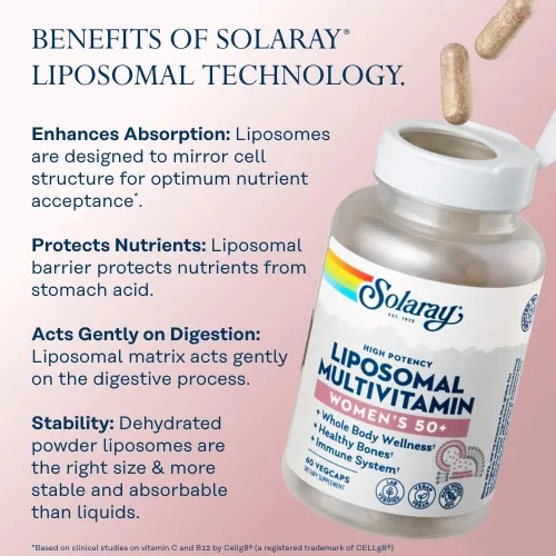Miniatura 4 de SOLARAY Multivitamínico liposomal para mujeres 50 Plus, absorción mejorada con hierro, vitamina D, vitamina C, B12, biotina y más, apoyo