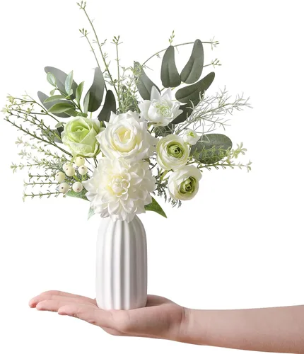 Miniatura 13 de Flores artificiales pequeñas de 11.8 pulgadas en jarrón de cerámica, centro de mesa de flores de seda púrpura para mesa de comedor, oficina, boda