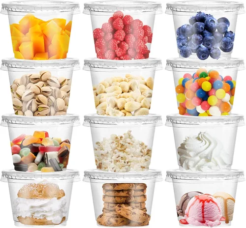 Miniatura 11 de Qinsihwn 100 Piezas Vasos de Plástico Desechables de 8 OZ con Tapas Planas, Vasos Transparentes de Porción con Tapas Planas, Recipientes de Plástico