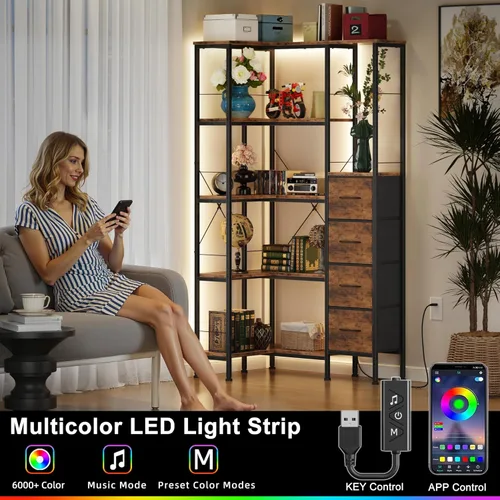 Miniatura 3 de AFLUI - Estantería de esquina con tiras de luz LED y 4 cajones de tela, estante de esquina convertible de 5 niveles con estante de exhibición