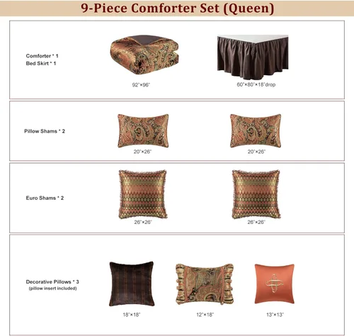 Miniatura 3 de Loom and Mill Juego de edredón jacquard de 9 piezas tamaño Queen, diseño clásico de paisley cama en una bolsa, juego de ropa de cama de damasco