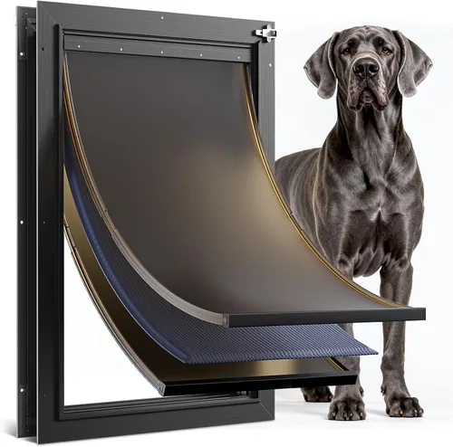 Miniatura 9 de Puerta de perro para puerta totalmente de aluminio con 3 solapas negras, puerta para perros grandes, puerta resistente para mascotas para perros