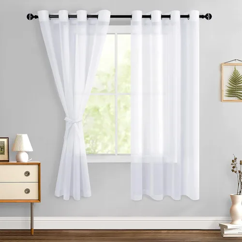 Miniatura 180 de Hiasan - Cortinas traslúcidas de gasa cortas semitransparentes con ojales y alzapaños filtrantes de luz para ventana, dormitorio, baño, 2 paneles