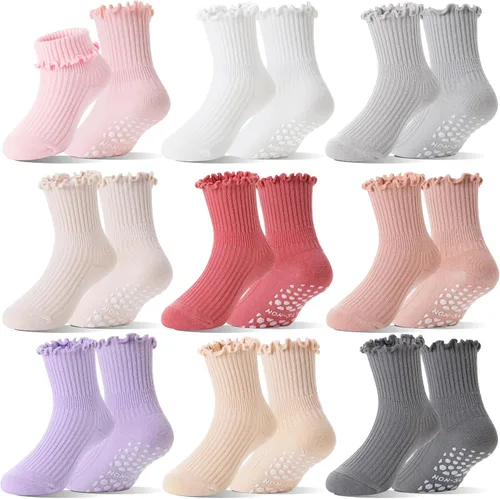 Calcetines tipo crew de algodón con volantes y agarre antideslizante para bebés y niñas pequeñas, para uniforme escolar, transpirables, 9 pares