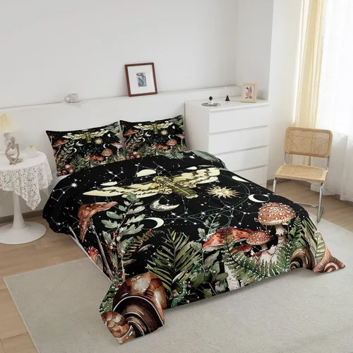 Castle Fairy Juego de ropa de cama con acuarela de hongos, plantas salvajes de la jungla, edredón de cama tamaño queen, juego de ropa de cama súper