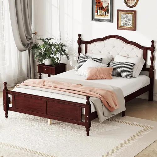 Miniatura 4 de Flieks Cama de plataforma tamaño Queen, cama de madera de pino con cabecero y estribo tapizados, con dos pies de soporte de riel de cama y pies