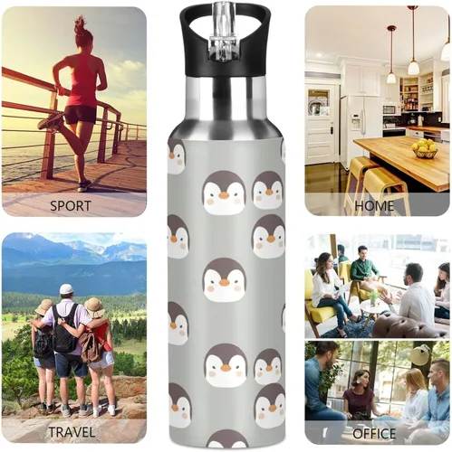 Miniatura 5 de Cute Penguins Face Gray Insulated Stainless Steel Water Bottle with Straw 20 Oz, BPA-Free Sport Water Bottle Insulated Leakproof Water Bottles