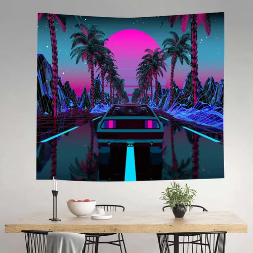 Miniatura 12 de Ine Ive Tapiz de coche de los años 80, escena urbana de la calle, palmeras, puesta de sol, cielo estrellado, tapiz de pared punk, 40 x 30 pulgadas