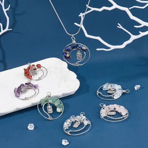 Miniatura 5 de SUPERFINDINGS Dijes colgantes de aleación, colgante de árbol de la vida, alambre de cobre, colgante de cuentas de piedras preciosas de cristal