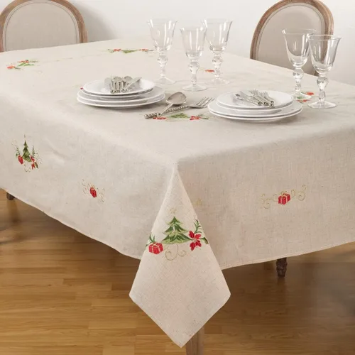 SARO LIFESTYLE Mantel bordado de mezcla de lino con diseño de árbol de Navidad, natural, 67 x 180 pulgadas