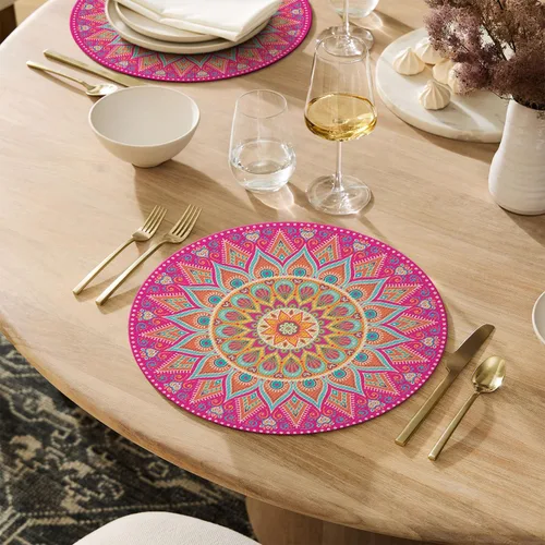 Miniatura 2 de Artoid Mode - Juego de 4 manteles individuales de vinilo de plástico con mandala rosa, manteles redondos tejidos antideslizantes lavables de 14