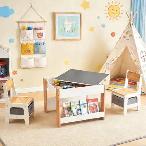 Miniatura 6 de LuxenHome - Juego de mesa y sillas para niños pequeños con mesa reversible, juego de mesa de actividades multifuncional para niños y sillas