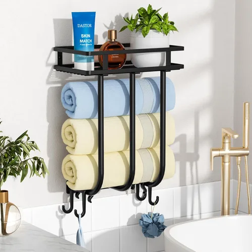 Miniatura 2 de Toalleros para baño, toallero montado en la pared con estante de metal y 4 ganchos para colgar, estante de toallas para baño pequeño, puede contener