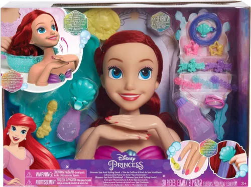 Disney Princess Shimmer Spa Ariel - Cabezal de peinado de 8 pulgadas, 20 piezas, pelo rojo, juego de simulación, juguetes para niños a partir de 3