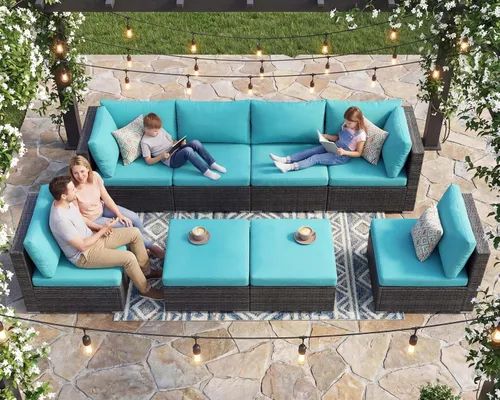 Miniatura 114 de NICESOUL Juego de muebles de patio para exteriores de 7 piezas con mesa para hoguera, gas natural y propano convertible, respaldo alto de 29.3