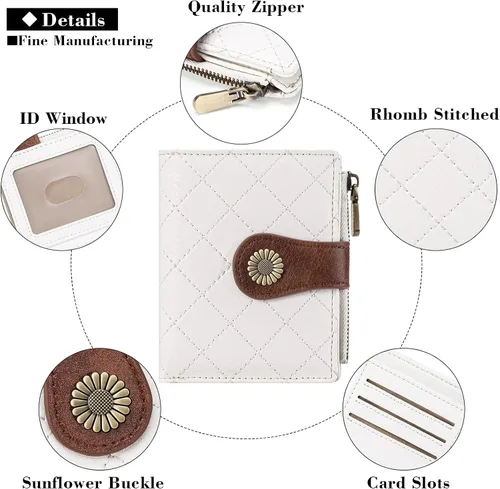 Miniatura 4 de FALAN MULE Billetera pequeña para mujer, plegable, con bloqueo RFID, portatarjetas de piel con bolsillo con cremallera para monedas Blanco/Marrón