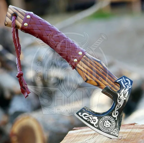 Miniatura 8 de Hacha vikinga decorativa - Regalo único para papá Hoja de acero al carbono con mango de cuero perfecto para bushcraft o exhibición (SCA-16)