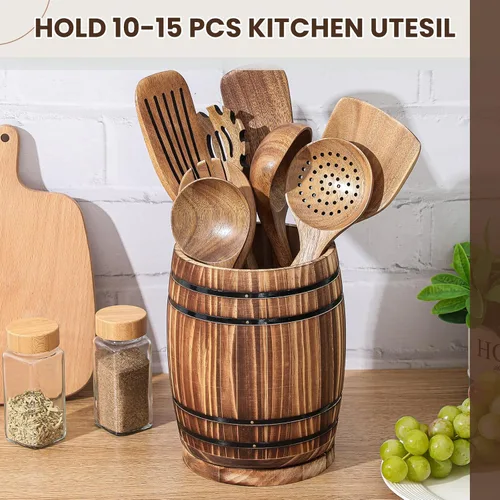 Miniatura 3 de Honeydak Soporte de utensilios de madera para encimera de cocina, diseño de barril de vino giratorio de 360°, organizador de recipiente