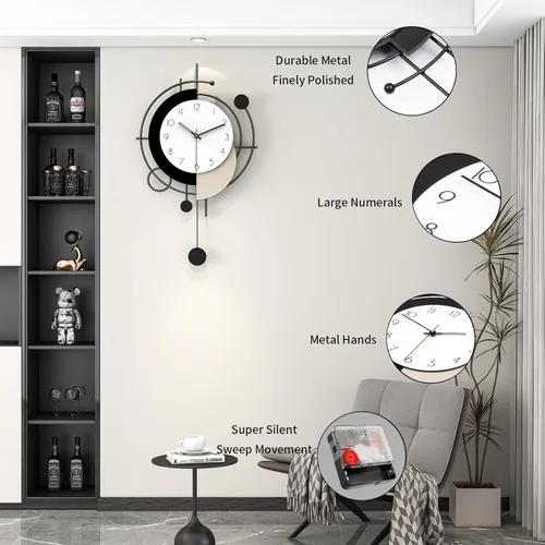 Miniatura 7 de Reloj de pared grande para decoración de sala de estar, reloj de pared decorativo moderno en negro con péndulo, de madera, funciona con pilas, sin