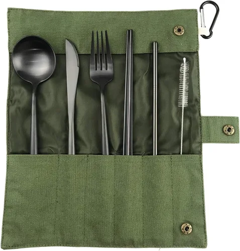 Miniatura 11 de Juego de cubiertos ecológicos con acabado mate, 7 piezas, cuchillos, tenedor, cuchara, acero inoxidable 18/10, negro, utensilios de viaje portátiles