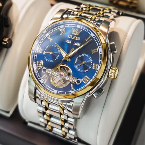 Miniatura 8 de OLEVS Reloj automático para hombre, cuerda automática, mecánica, de lujo, de acero inoxidable, multicalendario, impermeable, luminoso, reloj