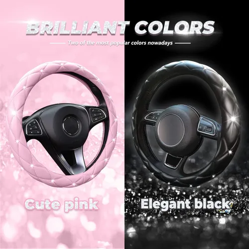 Miniatura 4 de Bonita funda negra brillante para volante de automóvil, suave, transpirable, antideslizante, de piel sintética, con diamantes de imitación