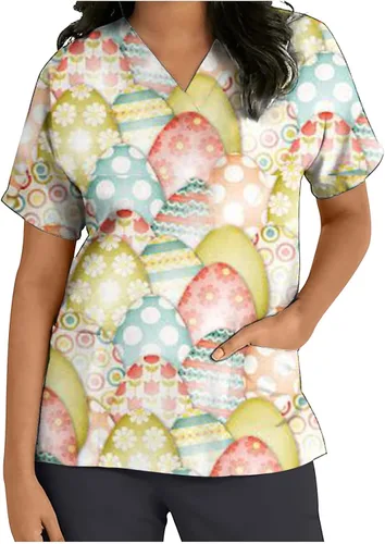 Flower Print T Shirt for Women Fall Summer Short Sleeve V Neck Work Scrub Easter Tops T Shirt Women 2023 Fashion