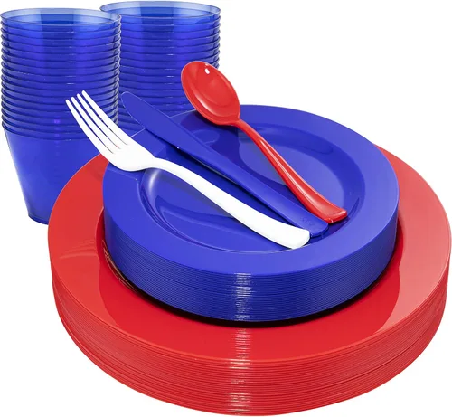 Miniatura 16 de KIRE - 30 platos de plástico azul con borde dorado y cubiertos desechables, vasos azules y servilletas de mano, vajilla de plástico azul Rosa claro