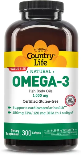 Country Life Suplemento de aceite de pescado omega-3, 1000 mg, 180 mg de EPA y 120 mg de DHA, concentrado de aceite de pescado, sin eructos, 300