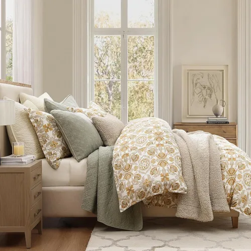 Miniatura 11 de HiEnd Accents Dalia - Juego de edredón de lino de 3 piezas, tamaño King, juego de ropa de cama floral azul claro, estampado botánico de flores