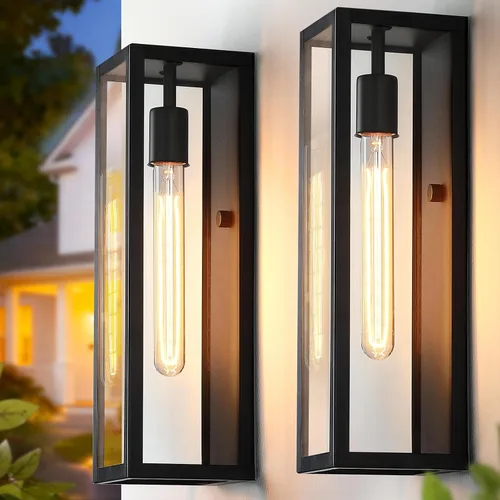 Paquete de 2 lámparas de pared grandes para exteriores, luces de porche antioxidantes con vidrio templado, accesorios de iluminación exterior negros