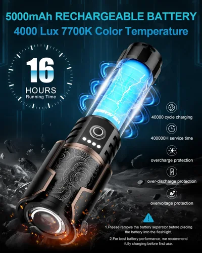 Miniatura 7 de Linterna recargable de 5000 lúmenes, linterna LED táctica de altos lúmenes con lente de encendido, 6 modos de zoom impermeable para campamento
