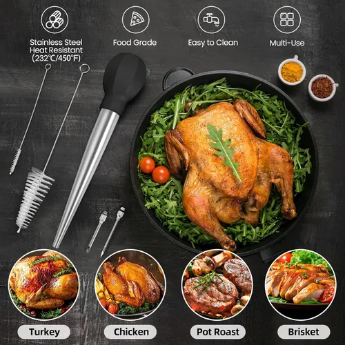 Miniatura 3 de SCHVUBENR Baster grande para pavos con cepillo de limpieza y aguja, herramienta de acero inoxidable para cocinar, fácil de usar y limpiar, jeringa