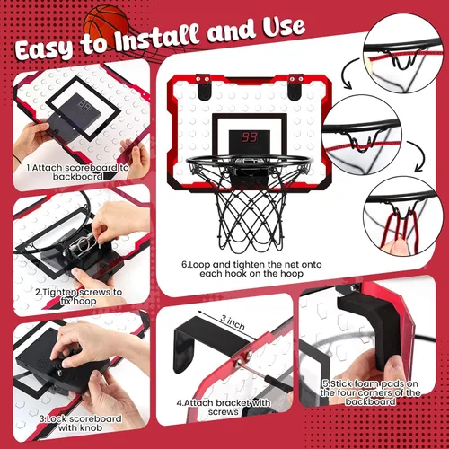 Miniatura 6 de Aro de Baloncesto Interior Mini de LovesTown para Niños, para Niños y Niñas de 4 a 12 Años, Aro Sobre Puerta con Luces LED y Marcador Electrónico, 4