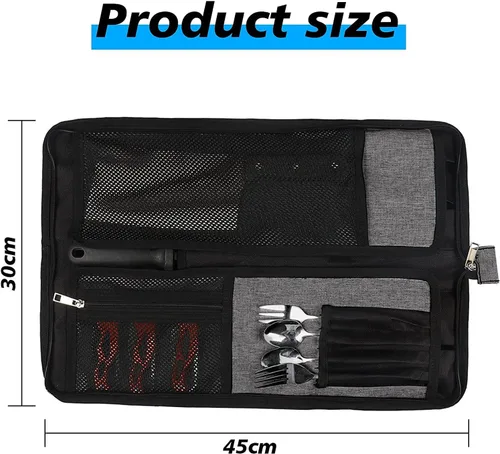 Miniatura 3 de Bolsa de rollo para cuchillos de chef, bolsa de cuchillo de chef Oxford resistente, estuche portátil para cuchillos de chef de 13 ranuras, Gris