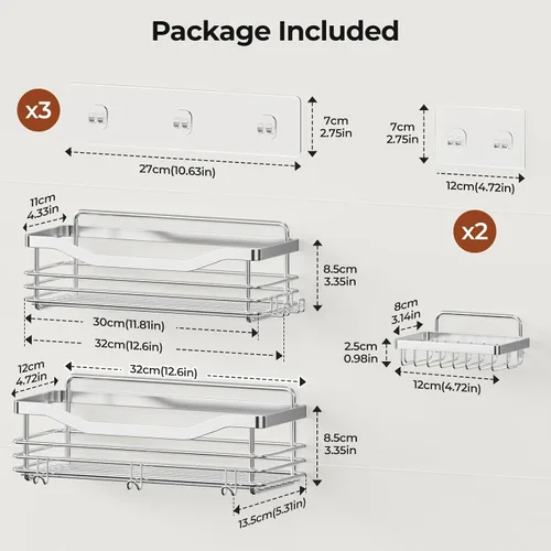 Miniatura 7 de Orimade Cesta de ducha con 5 ganchos, organizador de baño, estante de almacenamiento de cocina, adhesivo montado en la pared, sin perforaciones