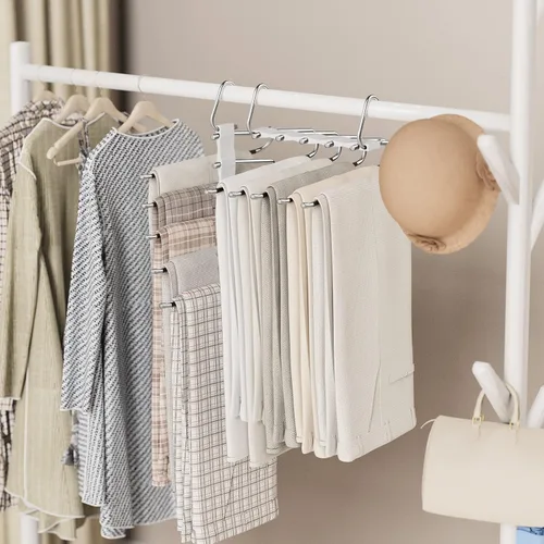 Miniatura 7 de Loretoy Paquete de 4 perchas para pantalones que ahorran espacio, estante multifuncional antideslizante para pantalones, tubo de acero inoxidable