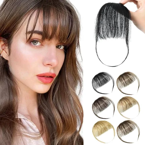 Miniatura 16 de Extensiones de cabello sintético con clip, flequillo francés, con sienes, color marrón ceniza, flequillo falso natural con clip para mujer, uso