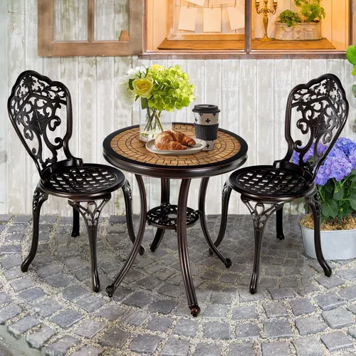 Miniatura 2 de Giantex Juego de 3 piezas de patio bistró, mesa y sillas de patio de aluminio fundido con pies ajustables, sillas de comedor al aire libre y juego