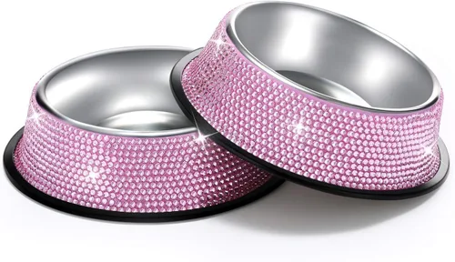 Miniatura 8 de SAVORI Cuencos pequeños para perros, hechos a mano con diamantes de imitación brillantes de acero inoxidable para mascotas, comedero doble de AB