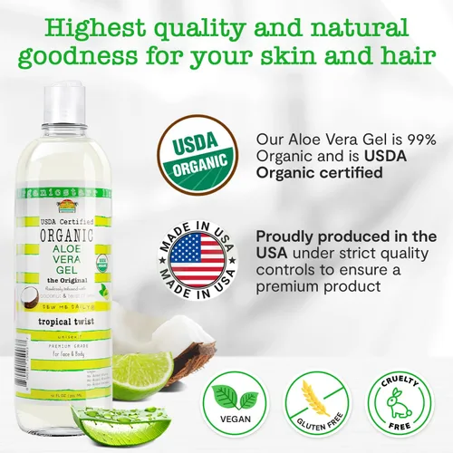 Miniatura 5 de Gel de aloe vera orgánico certificado por USDA, 12 onzas, 100% puro, prensado en frío, cosechado a mano, infundido con aceites esenciales de coco