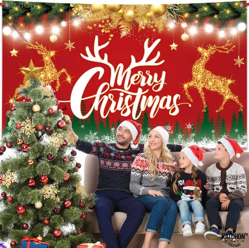 Miniatura 4 de KatchOn Cartel de Feliz Navidad extra grande – 72 x 44 pulgadas Fondo rojo de Navidad para decoraciones de fiesta Banner de letras iluminadas