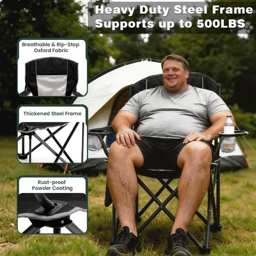 Miniatura 4 de SUNNYFEEL Silla de campamento plegable de gran tamaño de 500 LBS, sillas de jardín resistentes para adultos, color negro, portátil, plegable