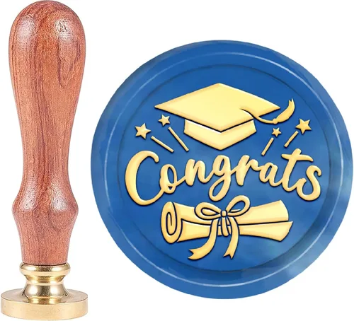 CRASPIRE Sello de cera con tapa de graduación de 1.181 in, cabeza de latón extraíble con mango de madera para invitaciones de boda, envoltura de